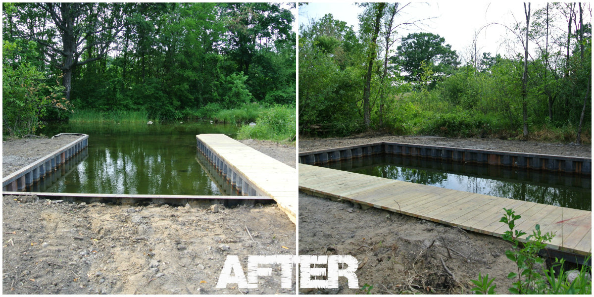 After completed black steel seawall_boat well_boardwalk on Shiawassee River MI